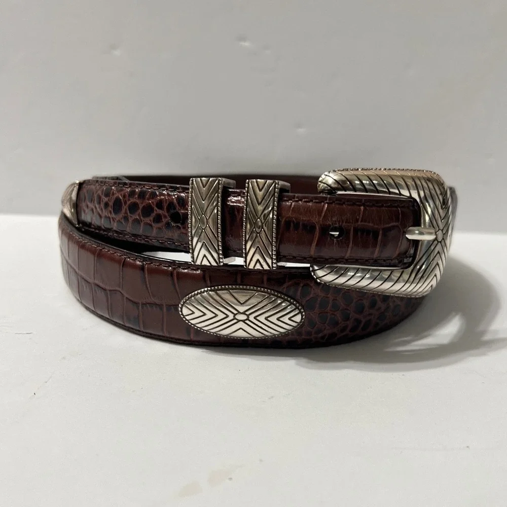 Western Crocodile Embossed Leather Concho Belt Brown Silver MB5019 Vintage 36